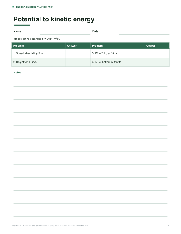 Preview of Potential to Kinetic Energy Worksheet